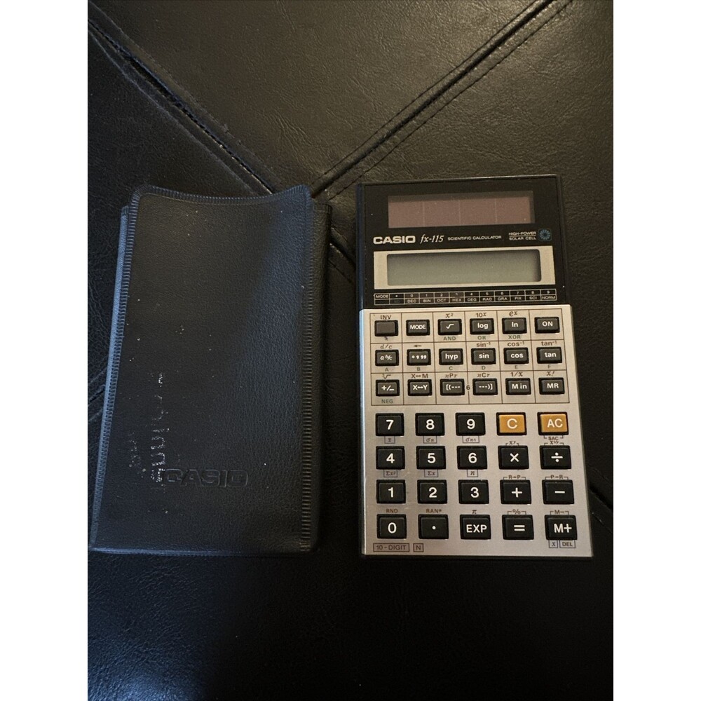 Vintage Casio Scientific Calculator FX-115 w/Leather Case Japan Solar Cell WORKS